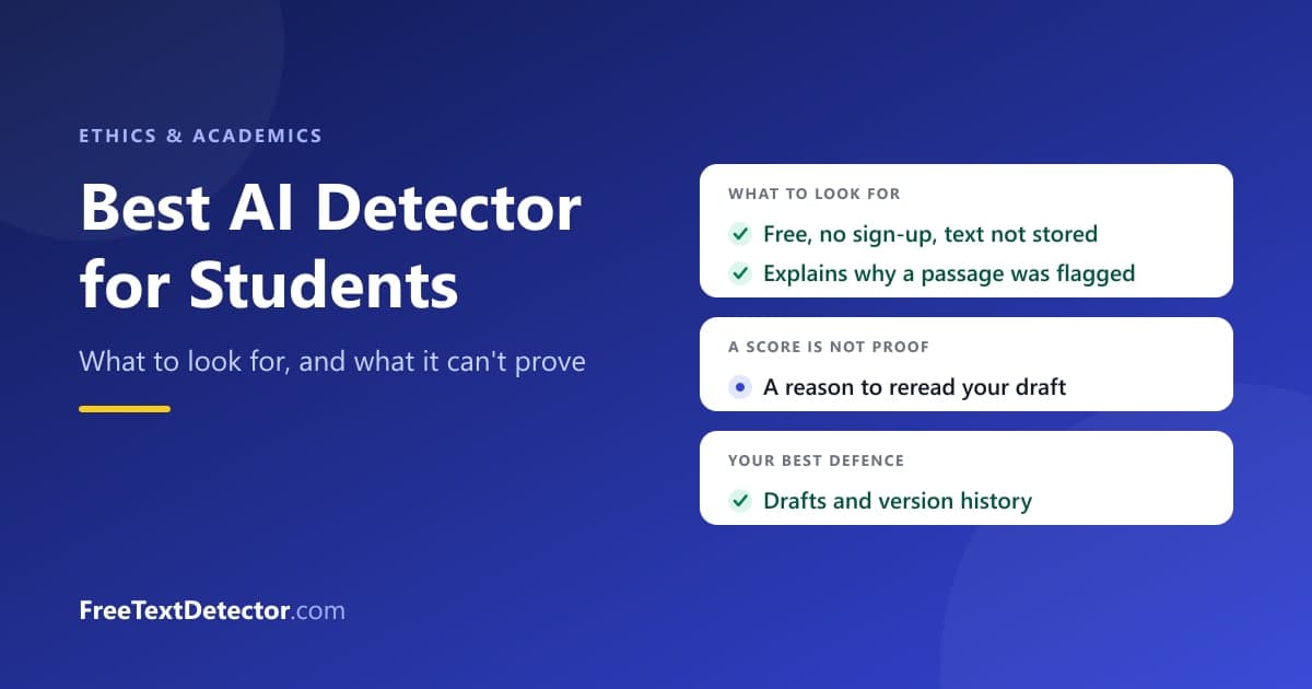 What students should look for in an AI detector: free, no sign-up, text not stored and an explained result; a score is not proof; drafts and version history are the best defence